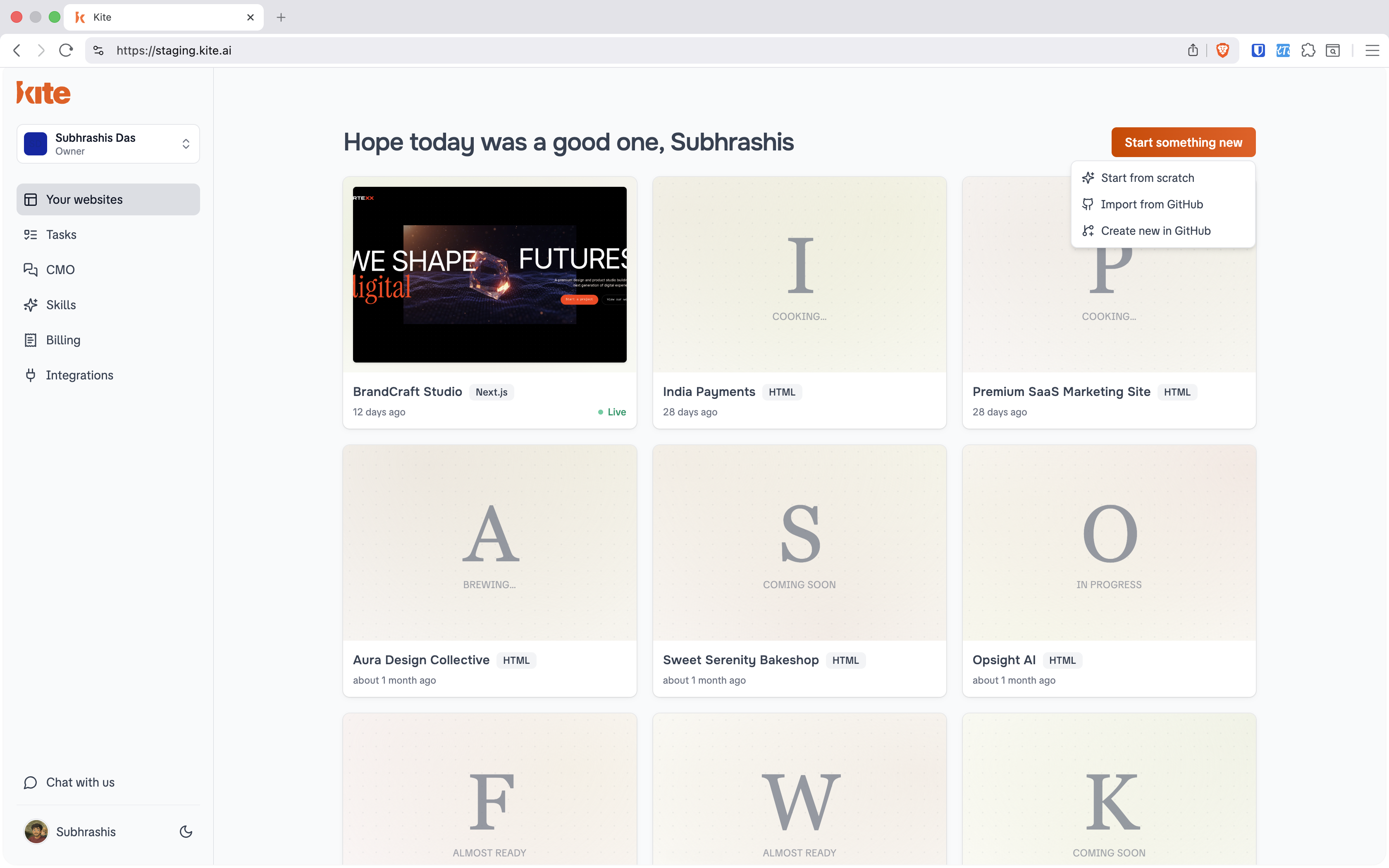 Kite dashboard with the 'Start something new' menu open, showing three options: Start from scratch, Import from GitHub, Create new in GitHub.