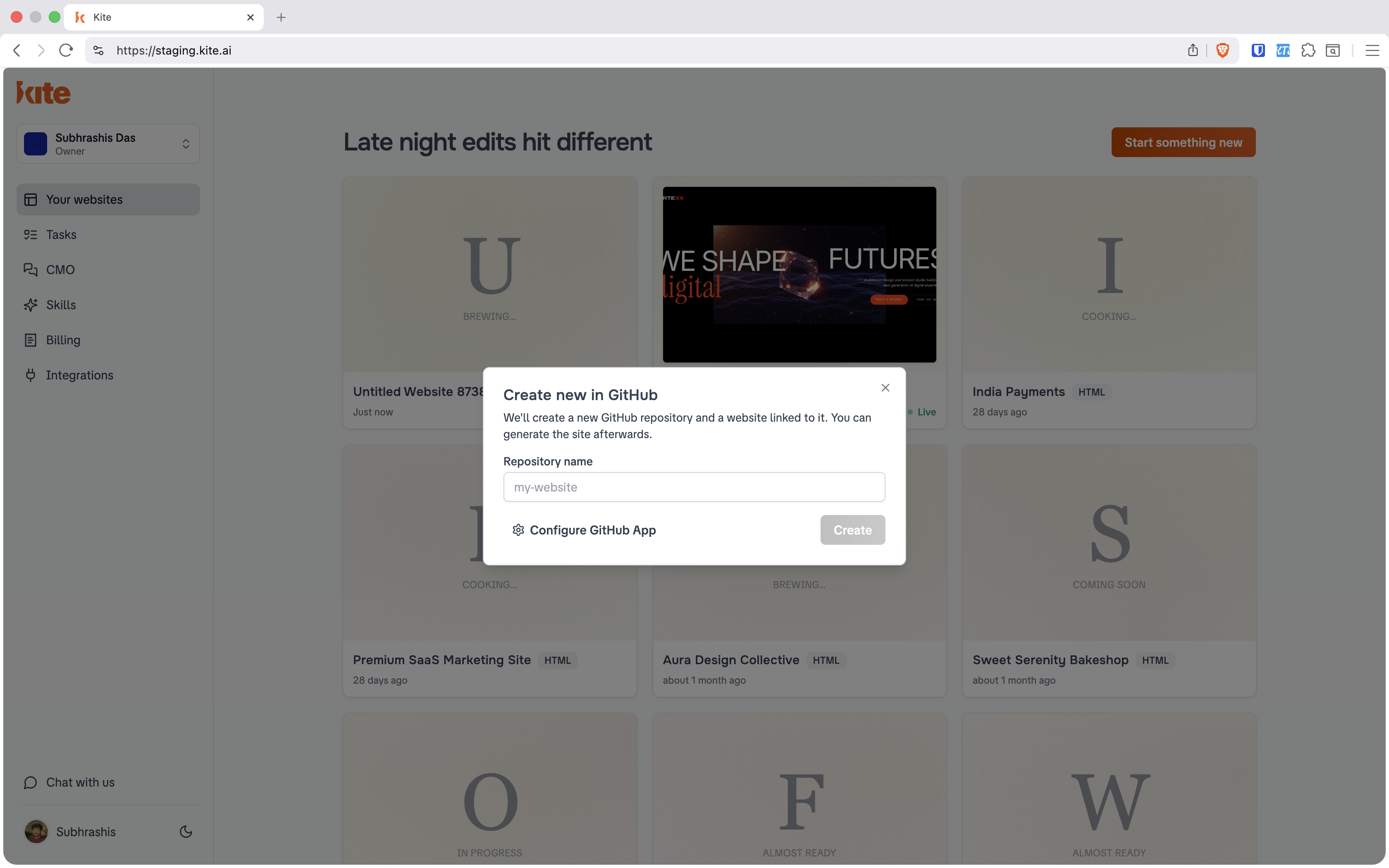 Create new in GitHub modal with a repository name field and Create button.