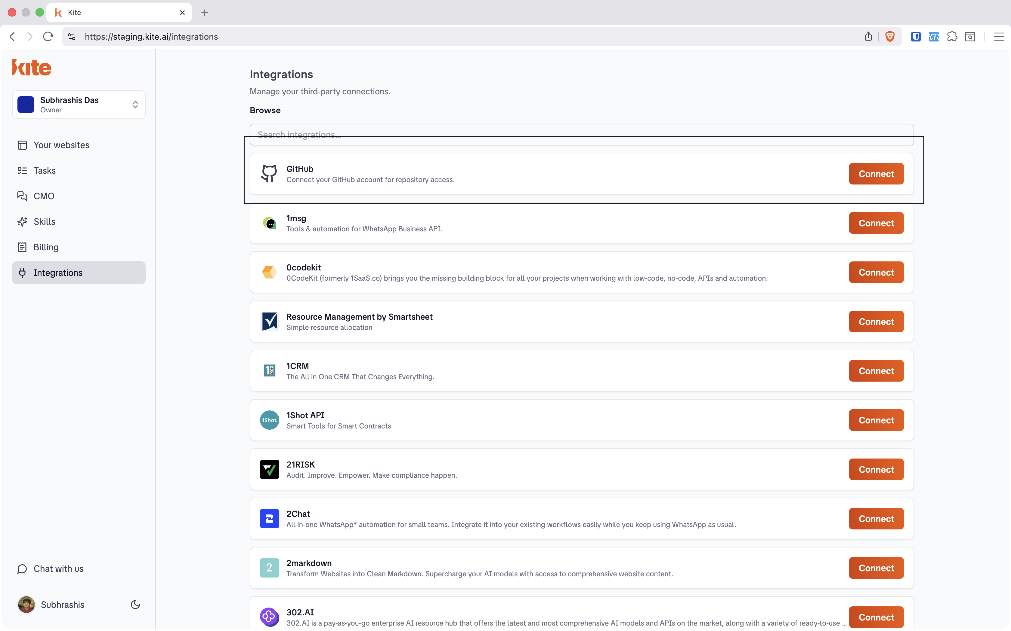 Integrations page with GitHub at the top and a Connect button.