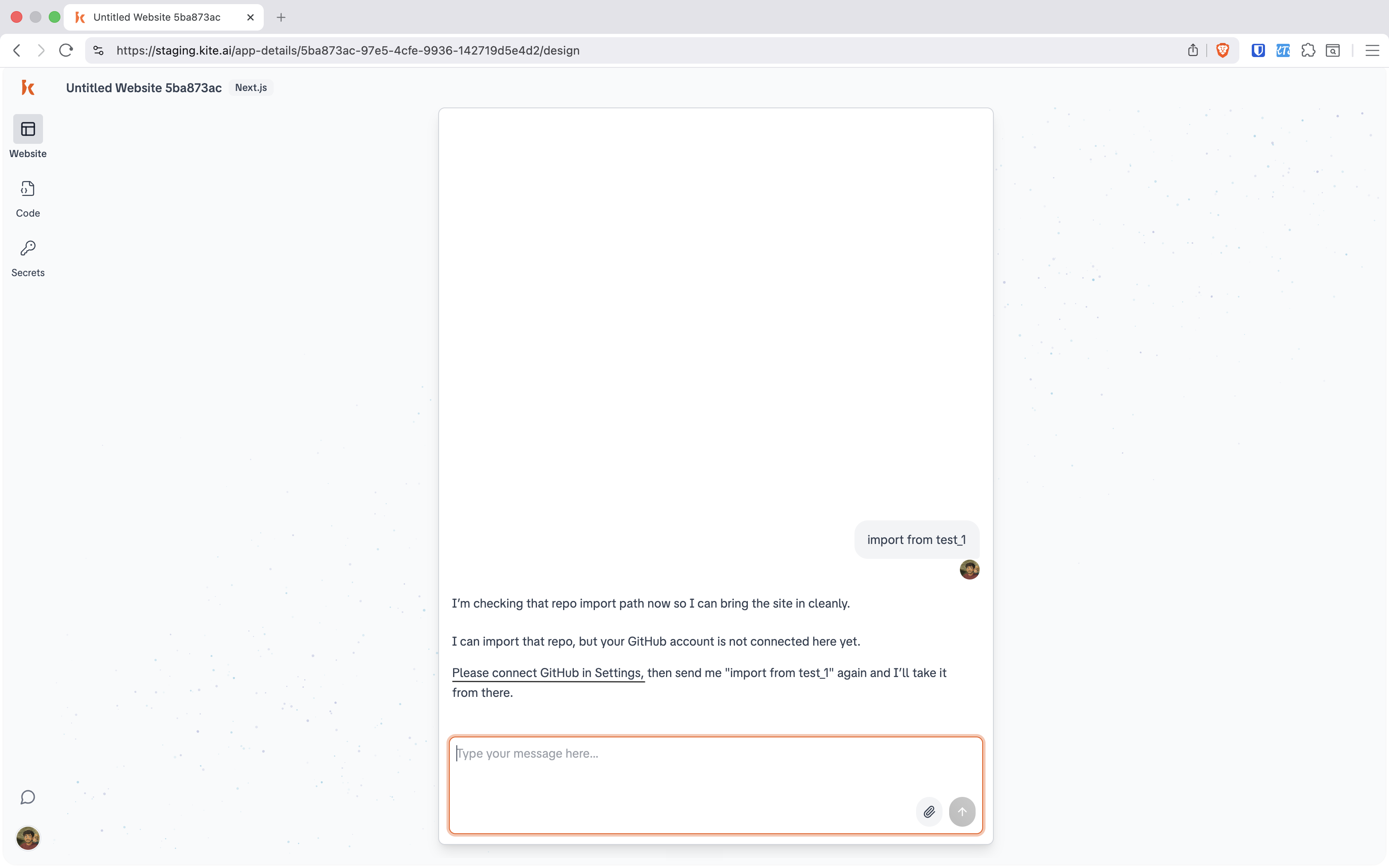 Chat where the user types 'import from test_1' and Kite replies that the GitHub account is not connected yet, pointing to Settings.