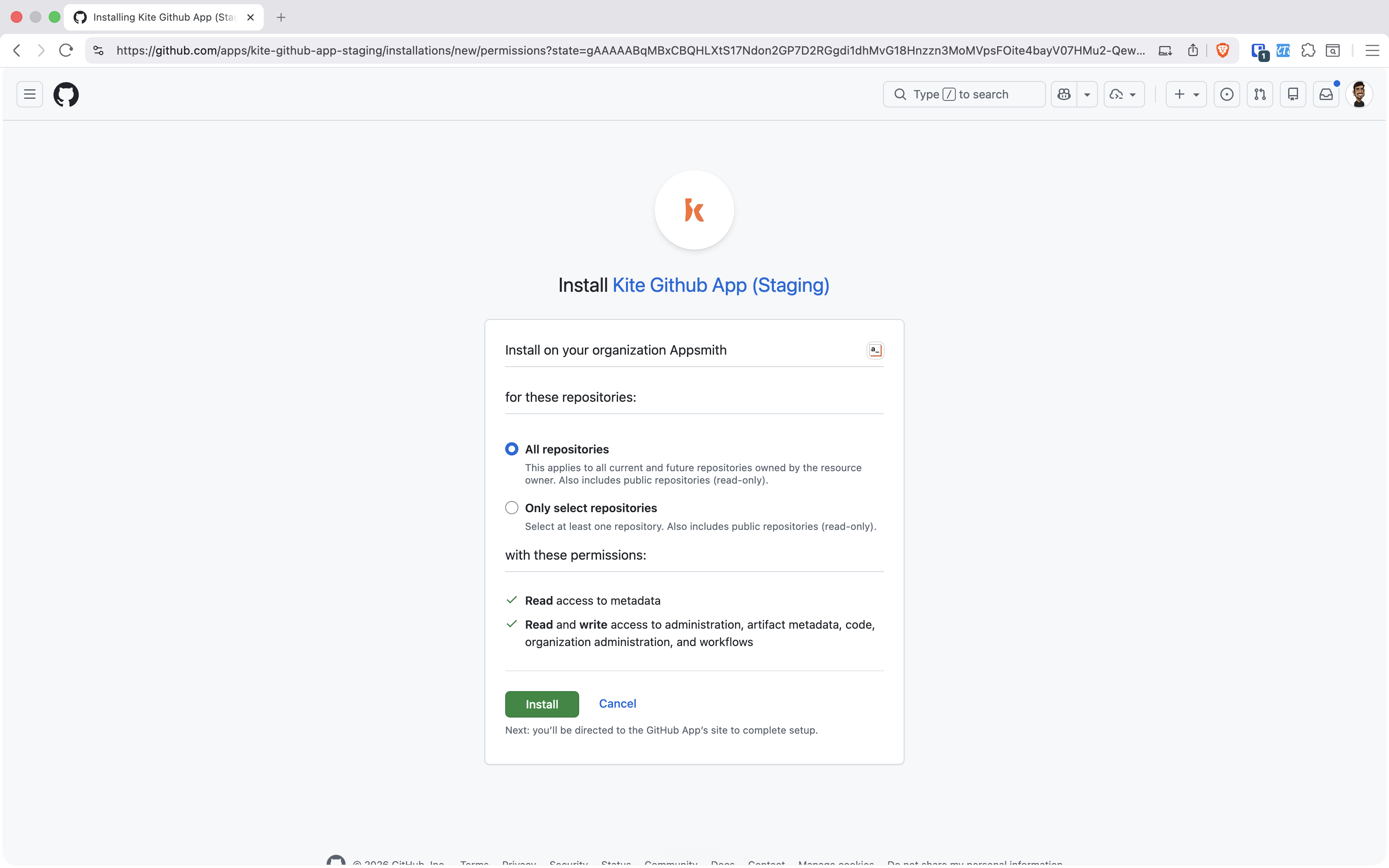 GitHub App install screen for Kite Github App showing repository scope choice and the requested read/write permissions.