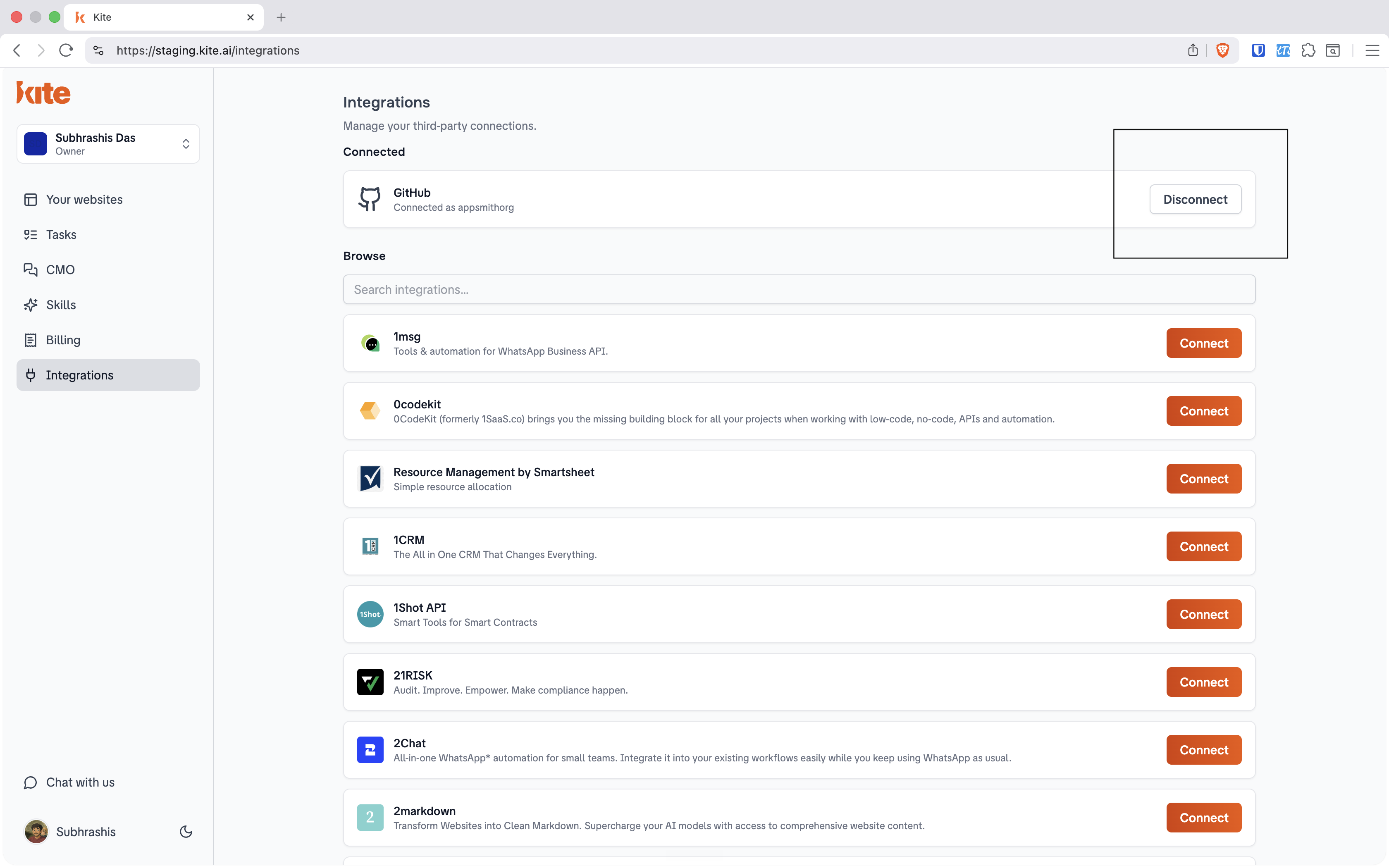 Integrations page showing GitHub connected as appsmithorg with a Disconnect button.