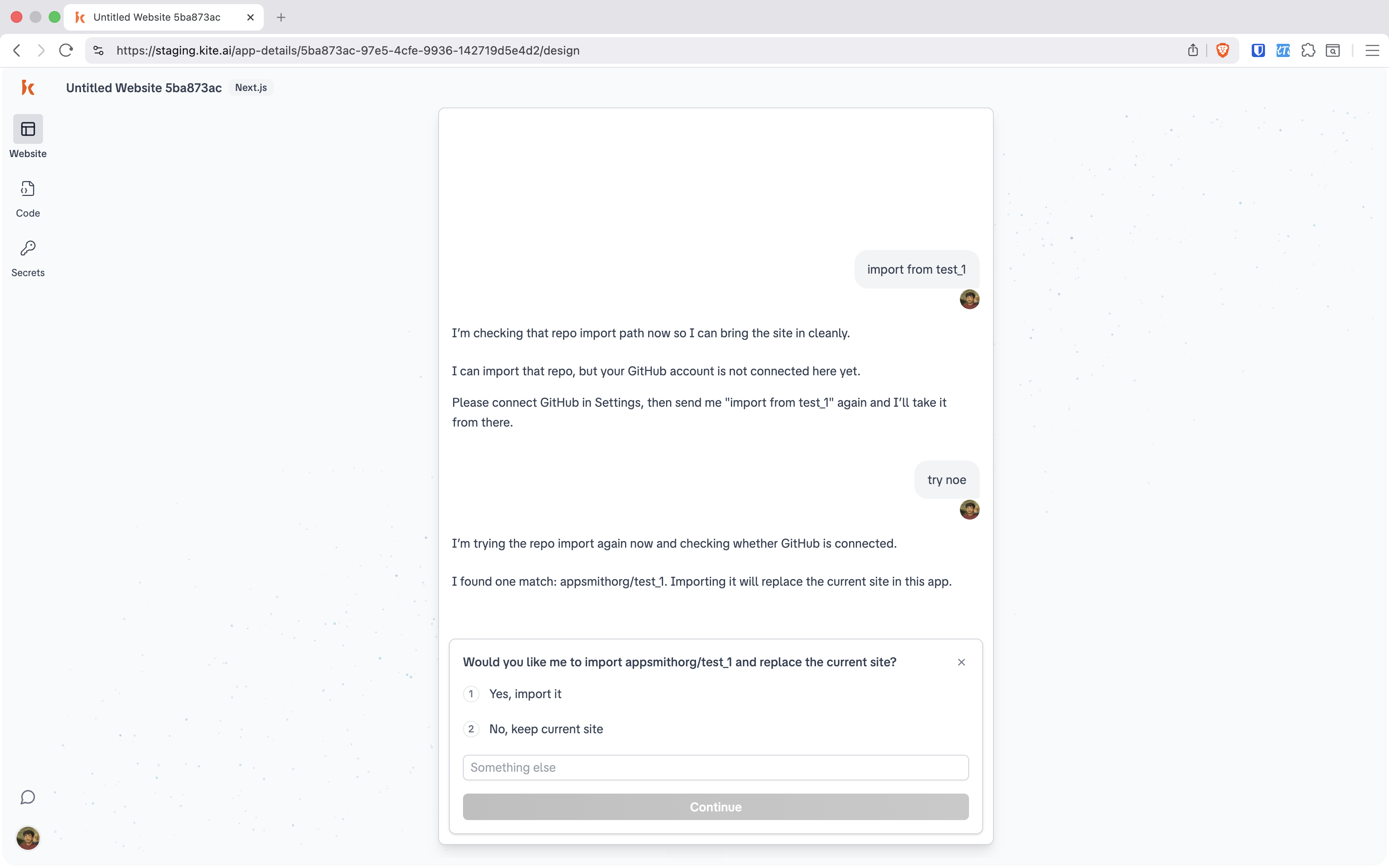 Chat showing Kite found one matching repo appsmithorg/test_1 and presenting a confirmation card before importing.