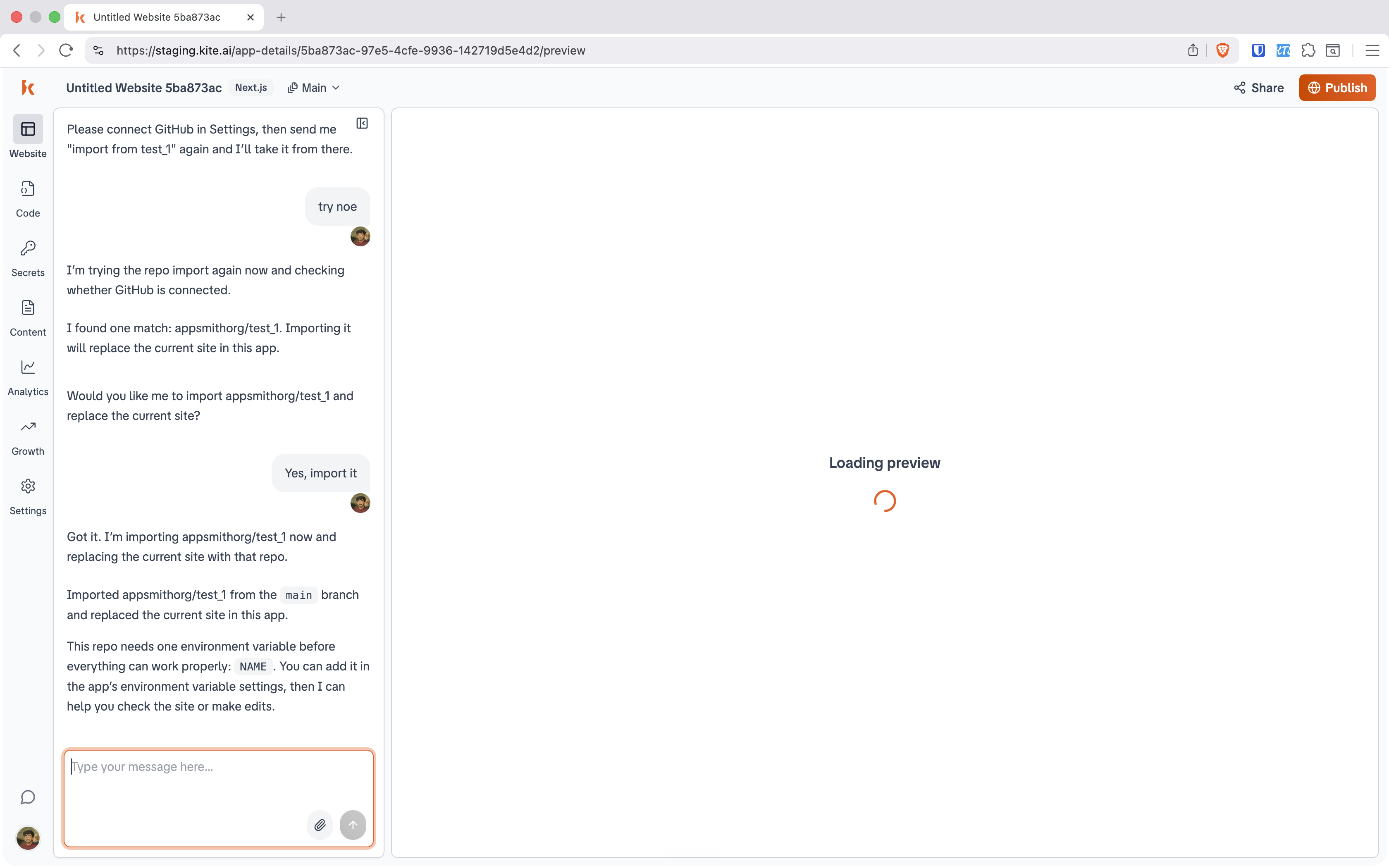 Chat confirming the import from main, flagging the required NAME environment variable, with a preview loading on the right.