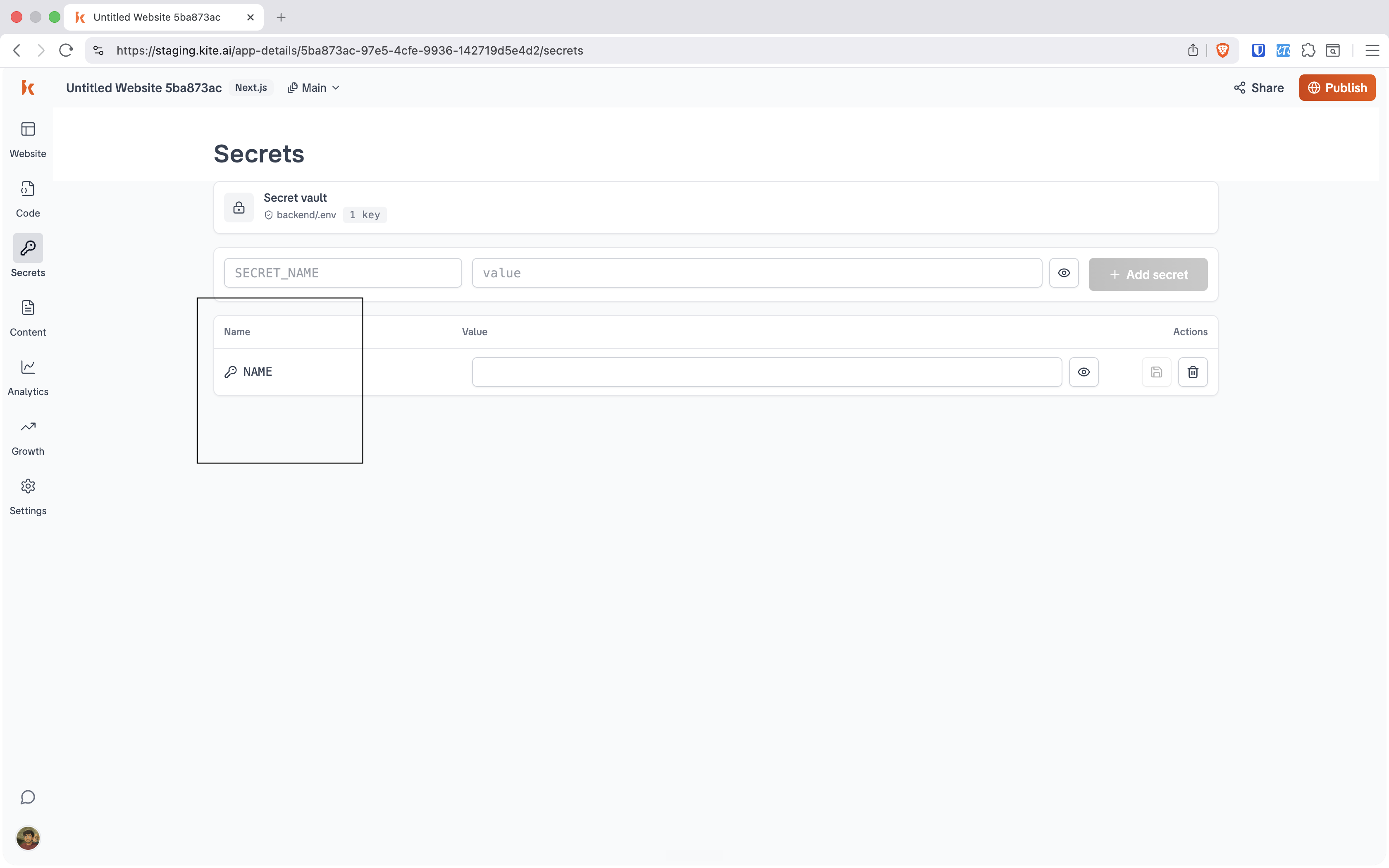 Secrets vault page showing the NAME key tied to backend/.env.