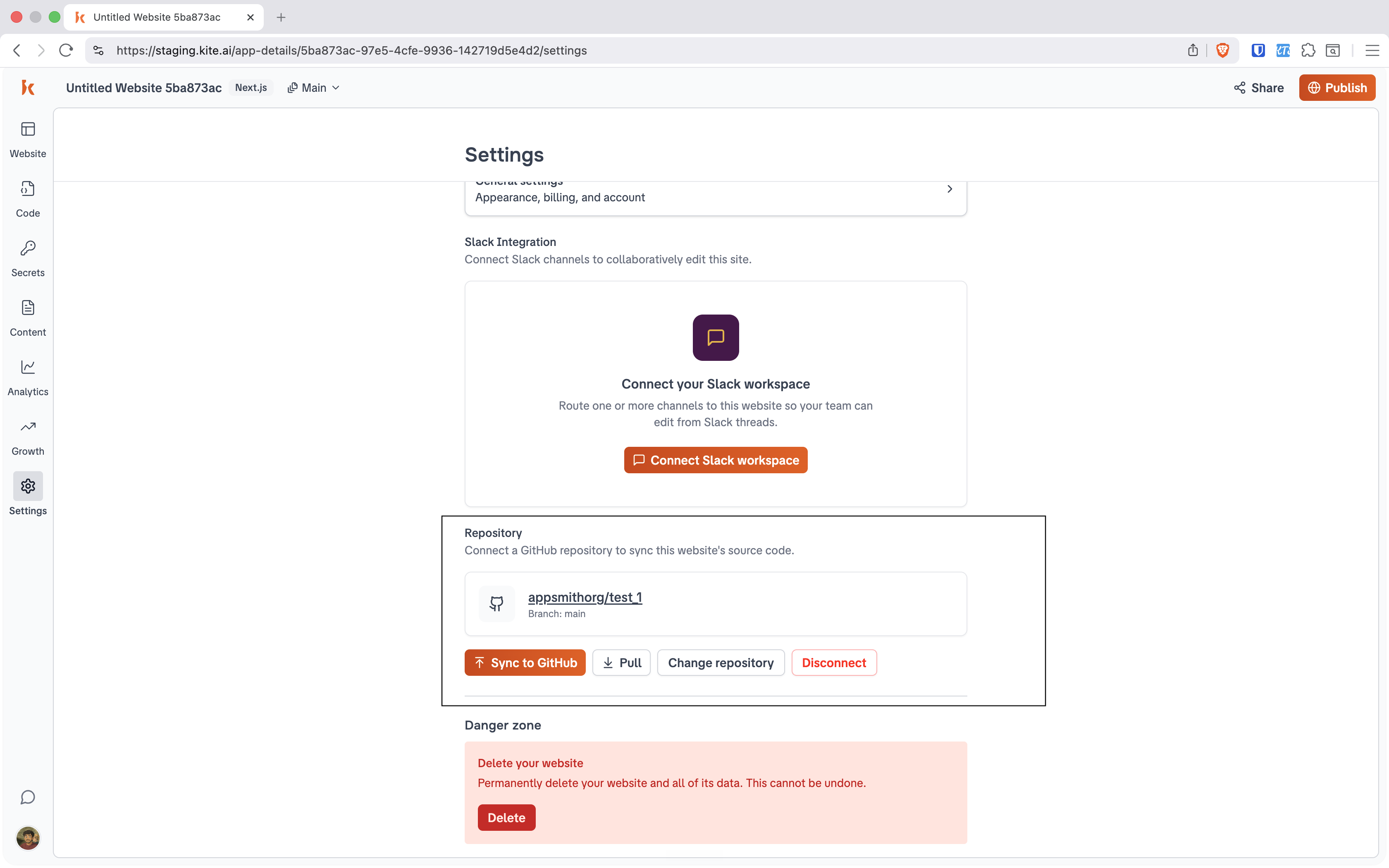 Settings page Repository section showing appsmithorg/test_1 on branch main with Sync to GitHub, Pull, Change repository, and Disconnect.