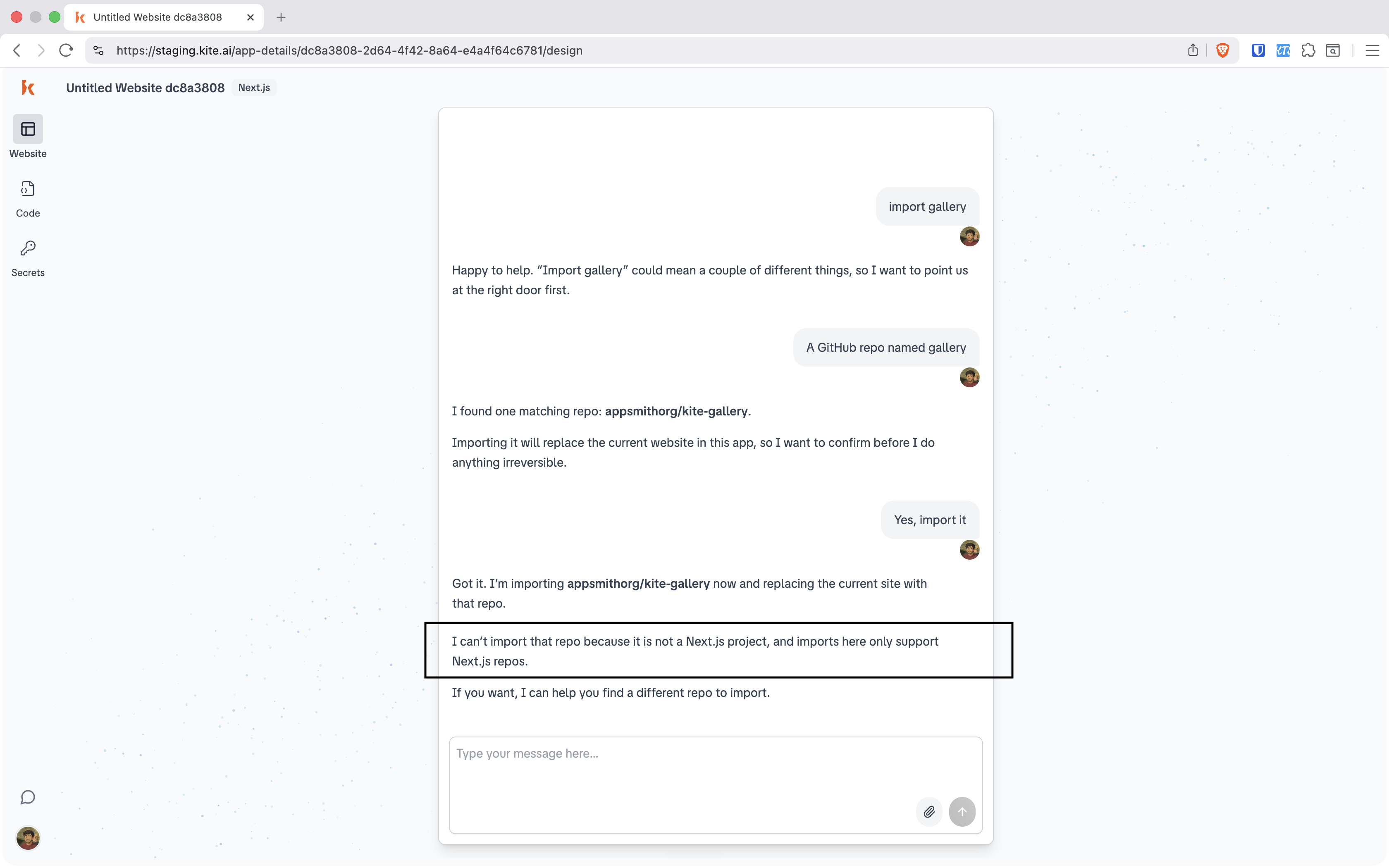 Chat where Kite resolves appsmithorg/kite-gallery, then refuses the import because it is not a Next.js project.